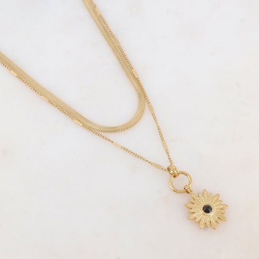 Collier 2 rangs avec maille, pendentif fleur et pierre naturelle (40/48+7CM)