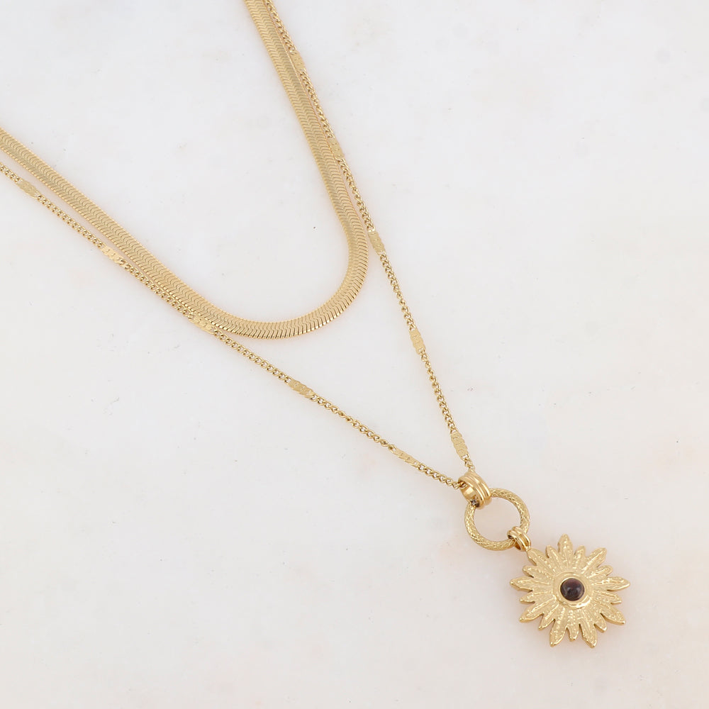 Collier 2 rangs avec maille, pendentif fleur et pierre naturelle (40/48+7CM)