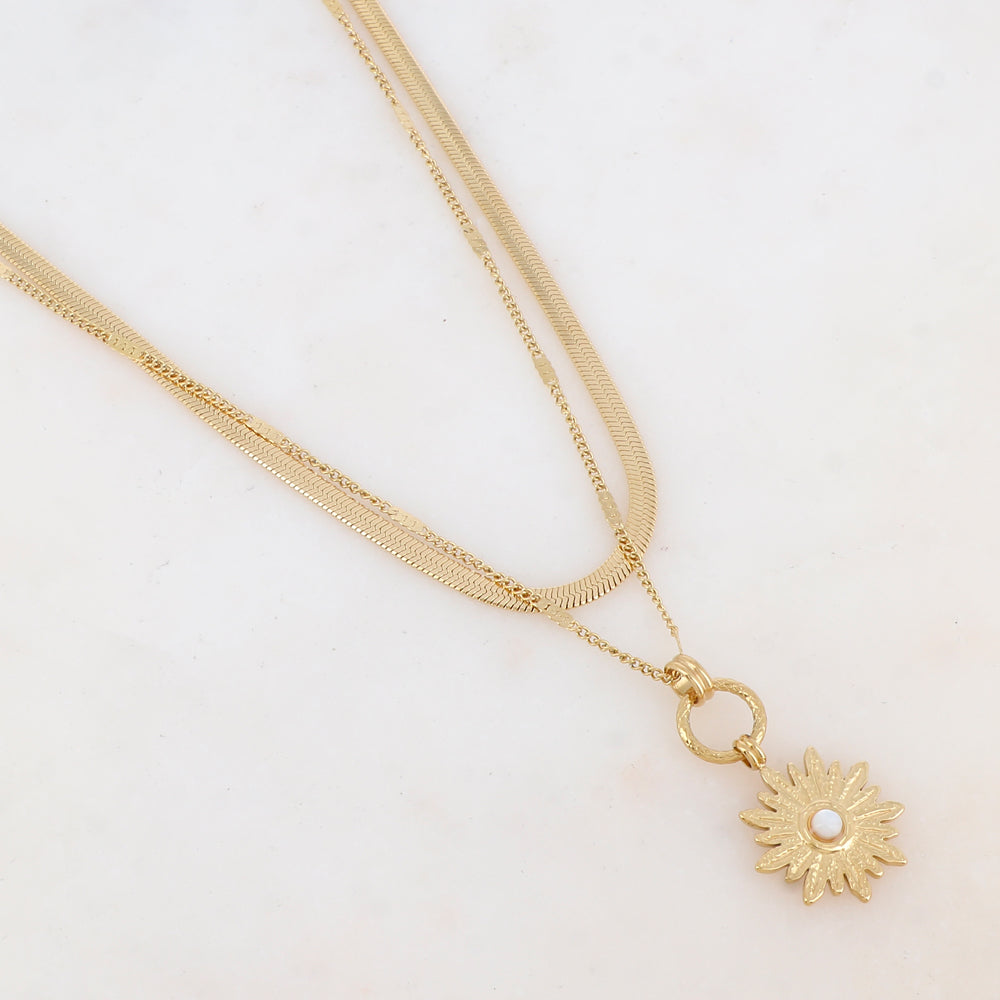 Collier 2 rangs avec maille, pendentif fleur et nacre blanche (40/48+7CM)