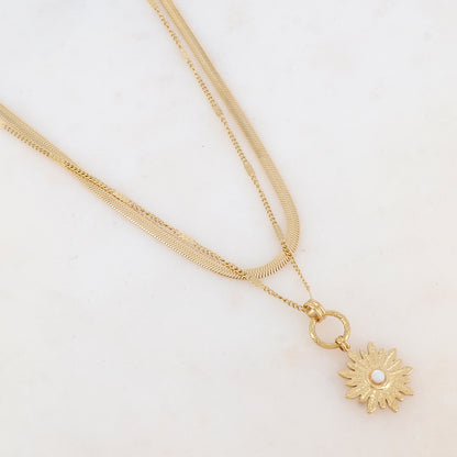 Collier 2 rangs avec maille, pendentif fleur et nacre blanche (40/48+7CM)