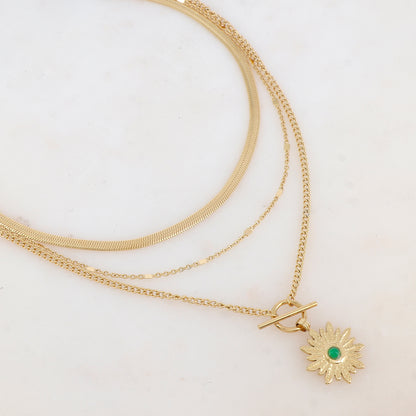 Collier 3 rangs avec maille, pendentif fleur et pierre naturelle (38/44/55+7CM)