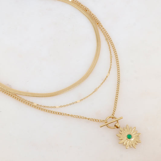 Collier 3 rangs avec maille, pendentif fleur et pierre naturelle (38/44/55+7CM)