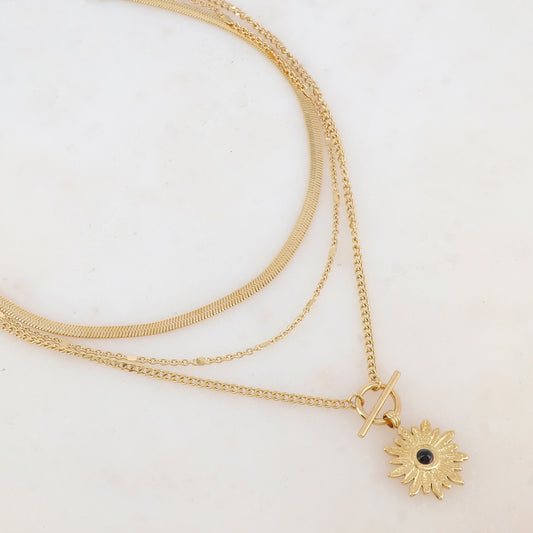 Collier 3 rangs avec maille, pendentif fleur et pierre naturelle (38/44/55+7CM)