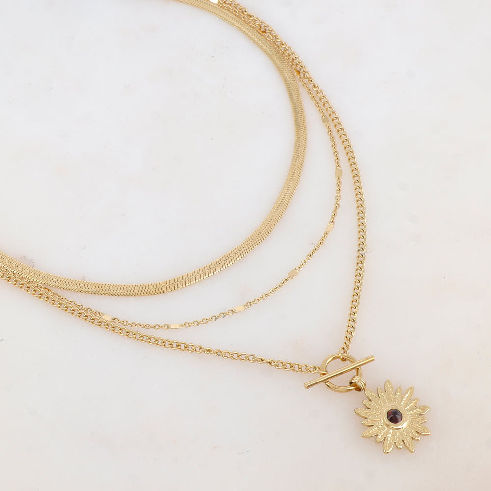 Collier 3 rangs avec maille, pendentif fleur et pierre naturelle (38/44/55+7CM)