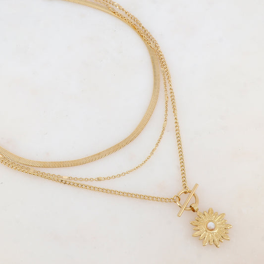 Collier 3 rangs avec maille, pendentif fleur et nacre blanche (38/44/55+7CM)