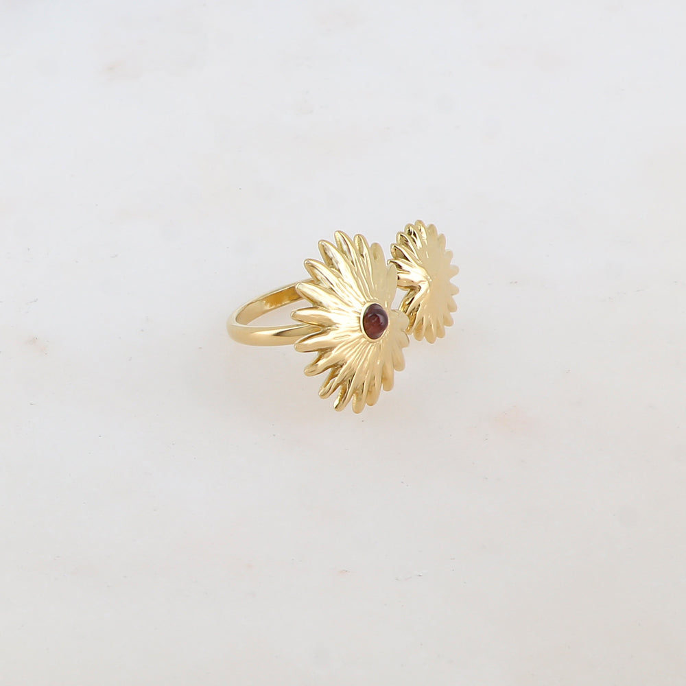 Bague embellie de 2 feuillages et pierre naturelle - Œil de tigre