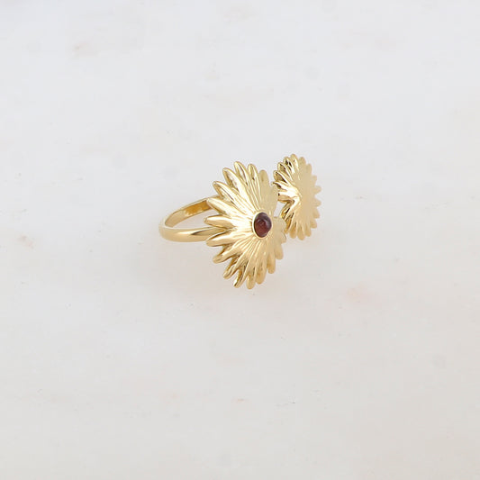 Bague embellie de 2 feuillages et pierre naturelle - Œil de tigre