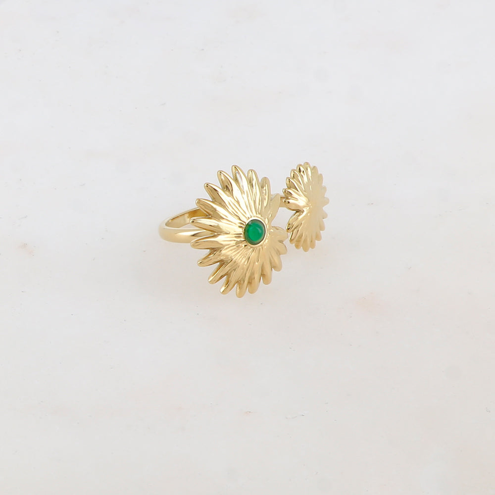 Bague embellie de 2 feuillages et pierre naturelle - Jade vert