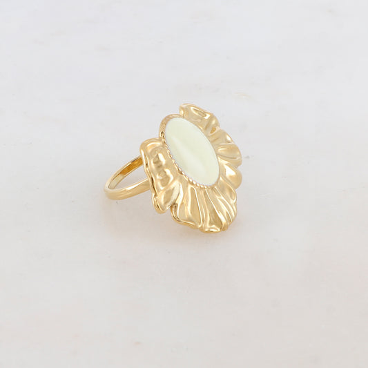 Bague avec feuille et pièce ovale émaillée - Blanc