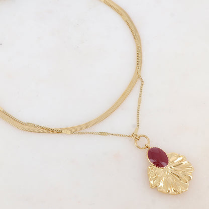 Collier 2 rangs avec maille, pendentif feuillage émaillé (4048+7CM)