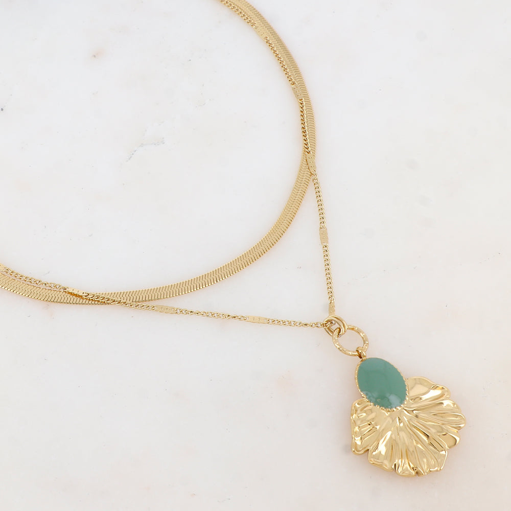 Collier 2 rangs avec maille, pendentif feuillage émaillé (4048+7CM)