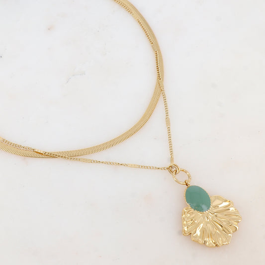 Collier 2 rangs avec maille, pendentif feuillage émaillé (4048+7CM)