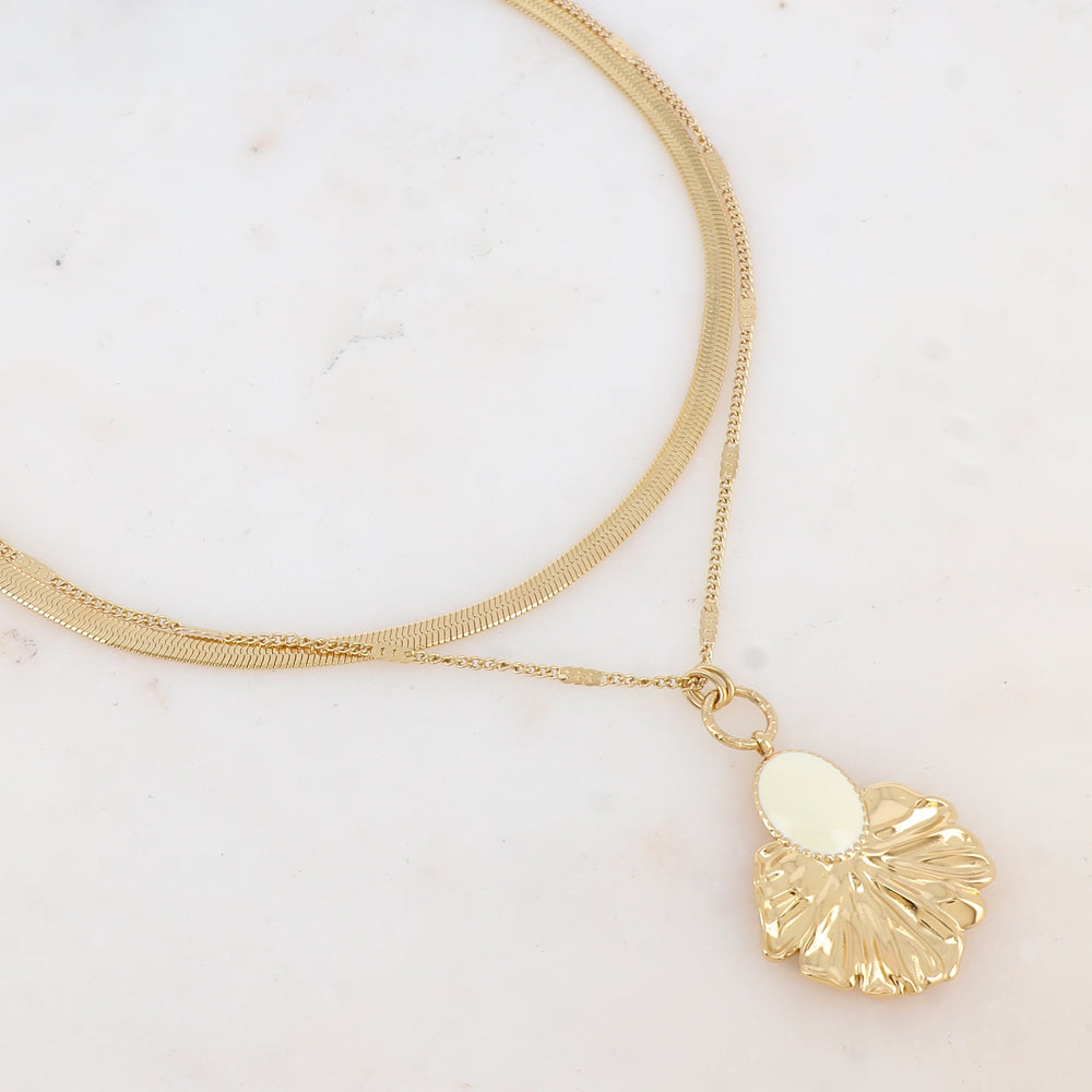Collier 2 rangs avec maille, pendentif feuillage émaillé (4048+7CM)