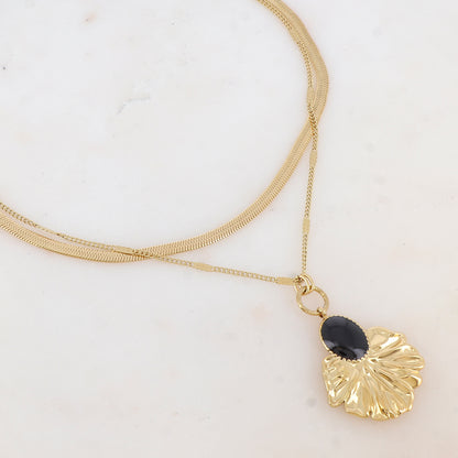 Collier 2 rangs avec maille, pendentif feuillage émaillé (4048+7CM)