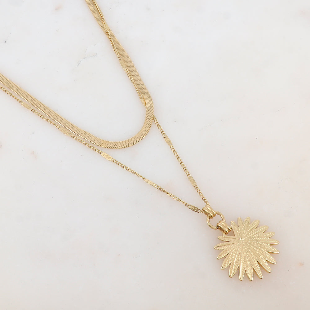 Collier 2 rangs avec maille miroir, pendentif feuillage (40/48+7CM)