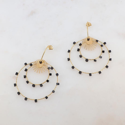 Boucles d'oreilles doubles cercles, soleil et pierre naturelle