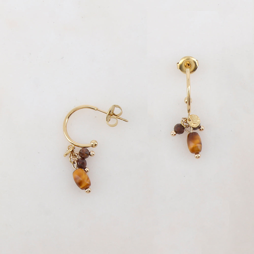 Créoles à puce avec pampille ronde, pierres naturelles 1,2 x 3 cm.