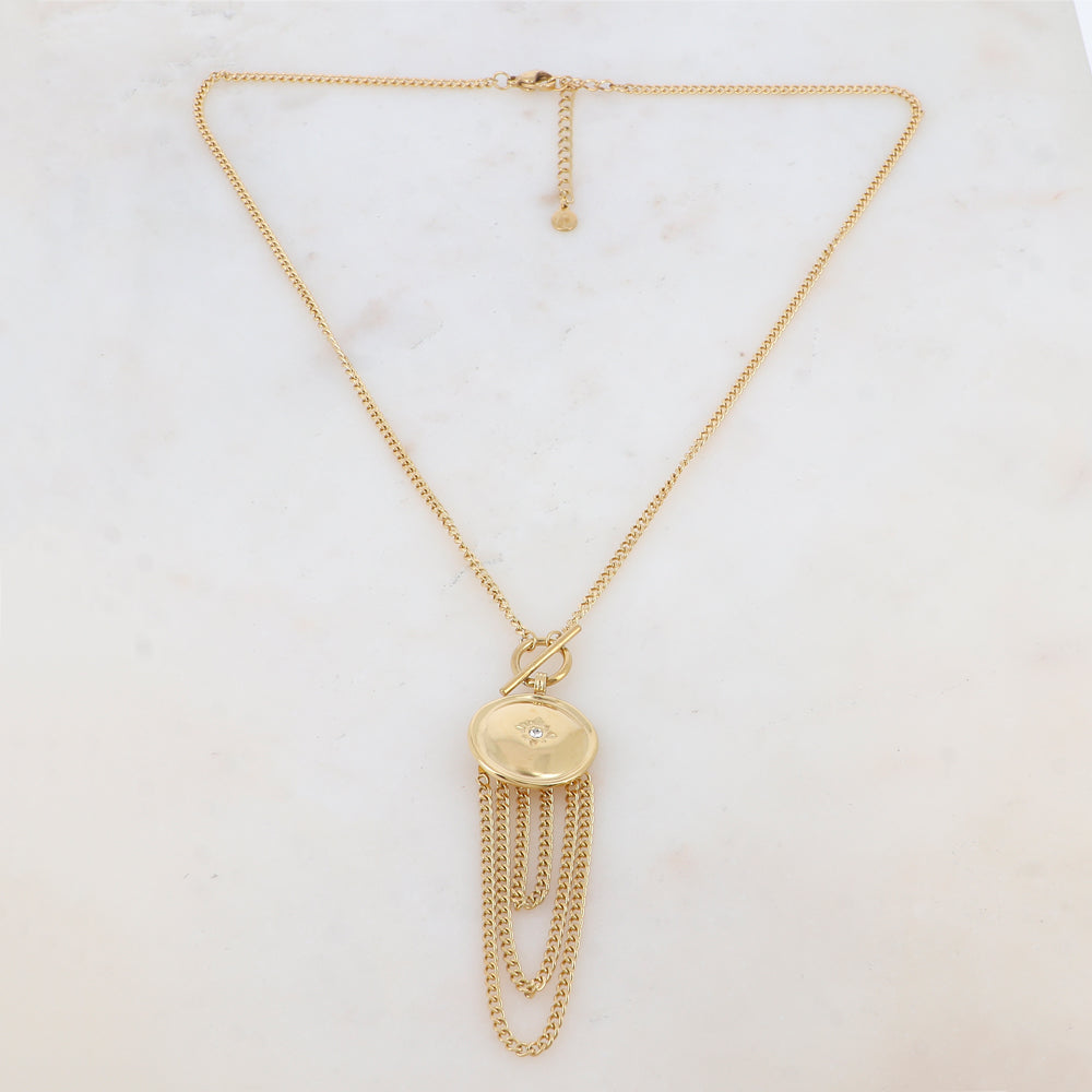 Collier avec anneau, pendentif rond, étoile, strass, chaînes (45+5CM)