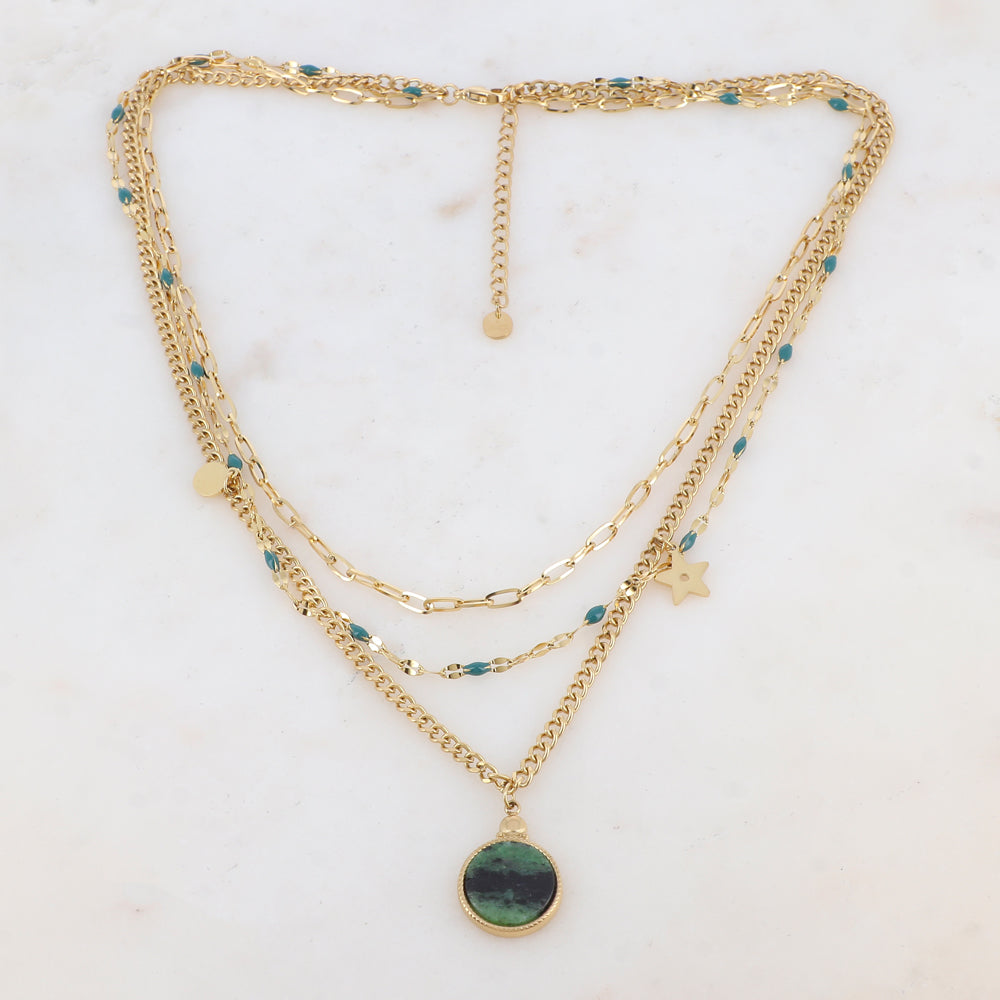 Collier 3 rangs avec maille, pièces émaillées, 2 pampilles : ronde et étoile, pendentif rond serti d'une pierre naturelle (40/42/44+5CM)