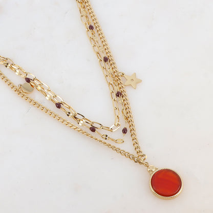 Collier 3 rangs avec maille, pièces émaillées, 2 pampilles : ronde et étoile, pendentif rond serti d'une pierre naturelle (40/42/44+5CM)