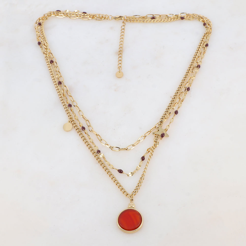Collier 3 rangs avec maille, pièces émaillées, 2 pampilles : ronde et étoile, pendentif rond serti d'une pierre naturelle (40/42/44+5CM)