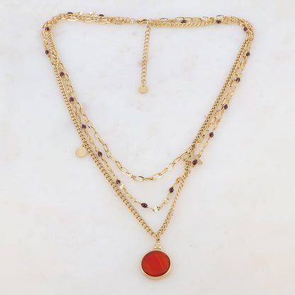 Collier 3 rangs avec maille, pièces émaillées, 2 pampilles : ronde et étoile, pendentif rond serti d'une pierre naturelle (40/42/44+5CM)