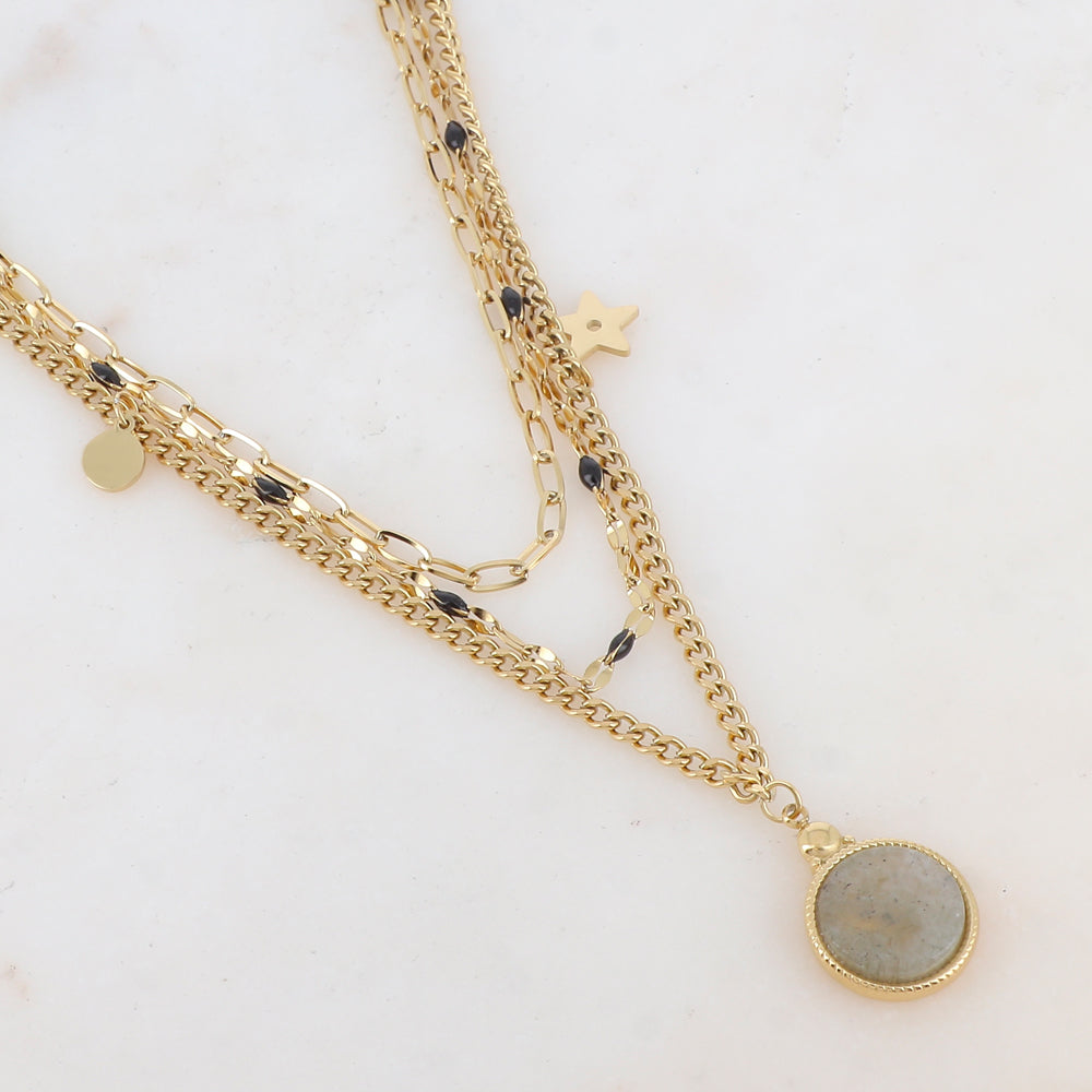Collier 3 rangs avec maille, pièces émaillées, 2 pampilles : ronde et étoile, pendentif rond serti d'une pierre naturelle (40/42/44+5CM)