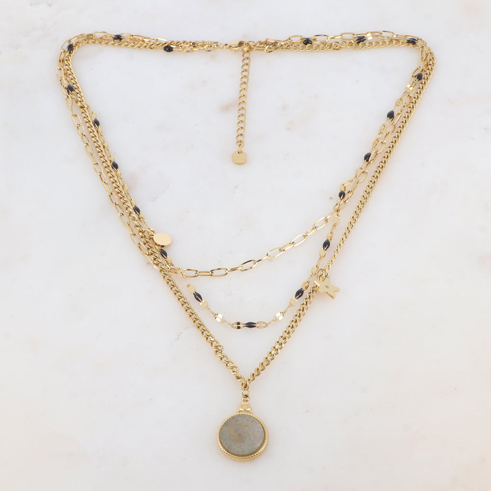 Collier 3 rangs avec maille, pièces émaillées, 2 pampilles : ronde et étoile, pendentif rond serti d'une pierre naturelle (40/42/44+5CM)