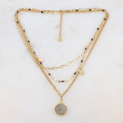 Collier 3 rangs avec maille, pièces émaillées, 2 pampilles : ronde et étoile, pendentif rond serti d'une pierre naturelle (40/42/44+5CM)