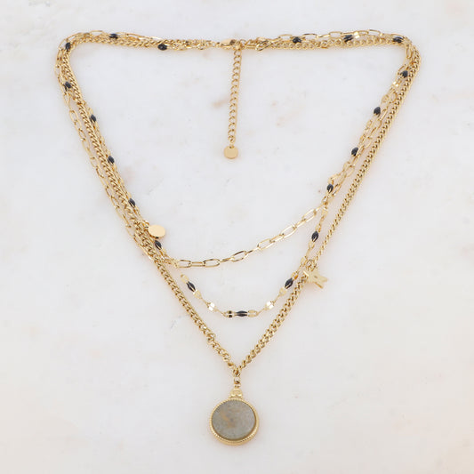Collier 3 rangs avec maille, pièces émaillées, 2 pampilles : ronde et étoile, pendentif rond serti d'une pierre naturelle (40/42/44+5CM)