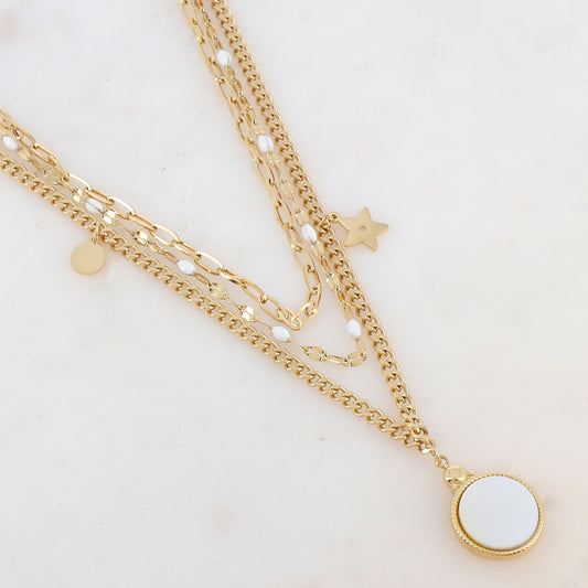 Collier 3 rangs avec maille, pièces émaillées, 2 pampilles : ronde et étoile, pendentif rond serti d'une nacre (40/42/44+5CM)