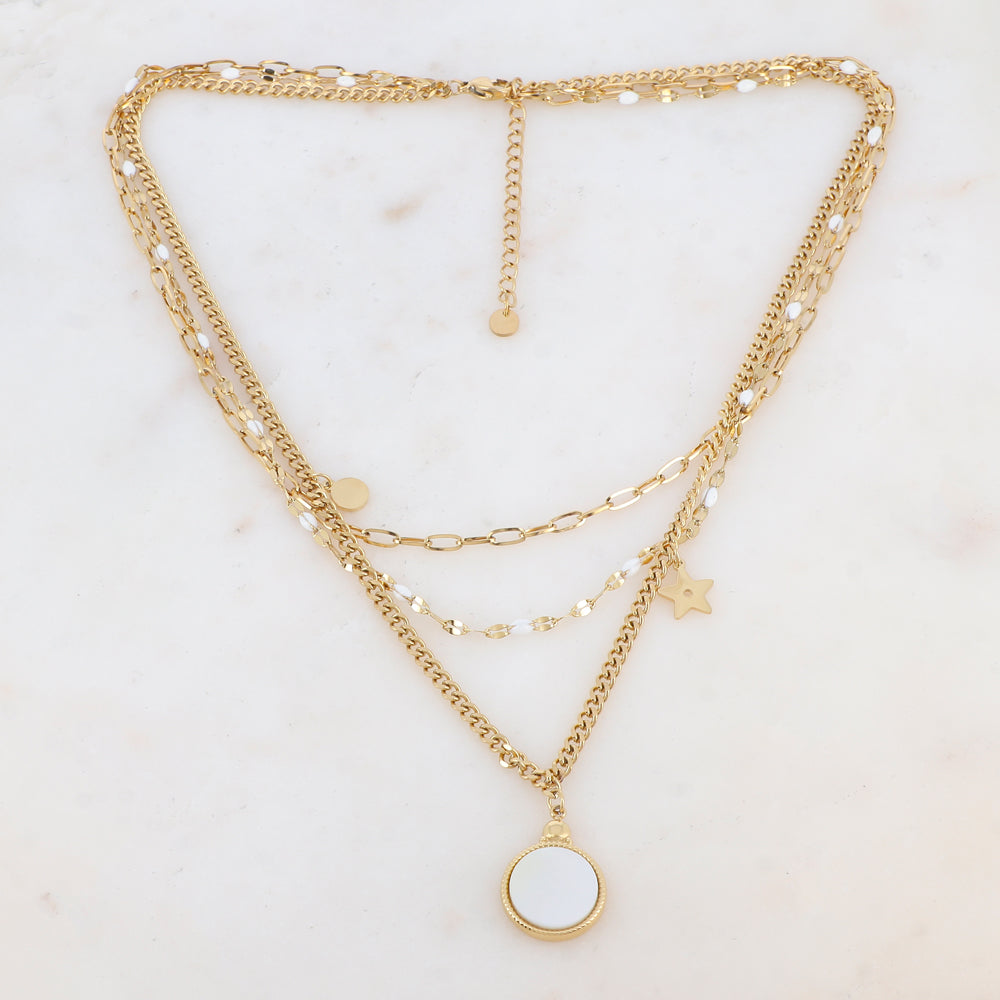 Collier 3 rangs avec maille, pièces émaillées, 2 pampilles : ronde et étoile, pendentif rond serti d'une nacre (40/42/44+5CM)