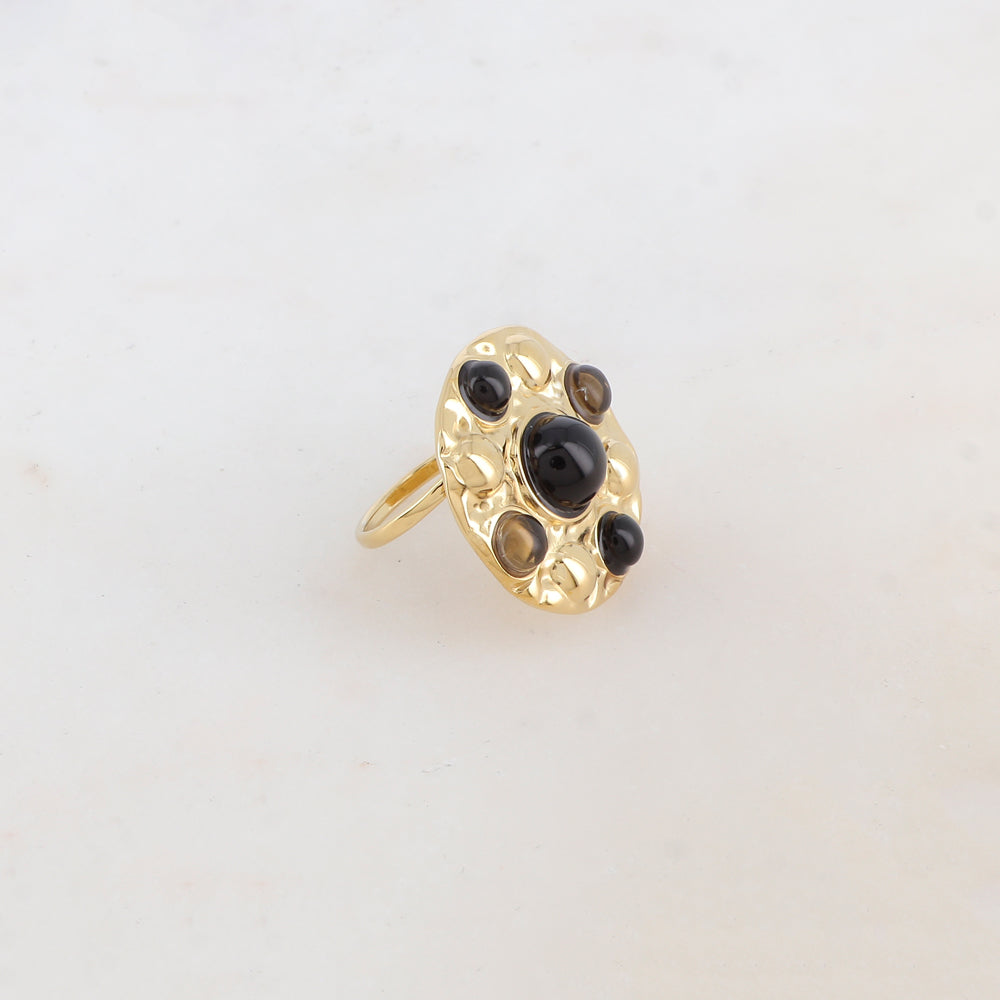 Bague ronde avec 5 pâtes de verre rondes - Noir