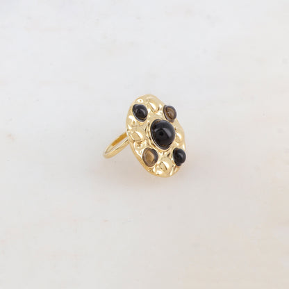 Bague ronde avec 5 pâtes de verre rondes - Noir