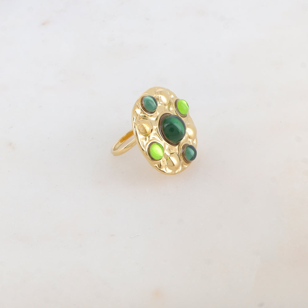 Bague ronde avec 5 pâtes de verre rondes - Vert