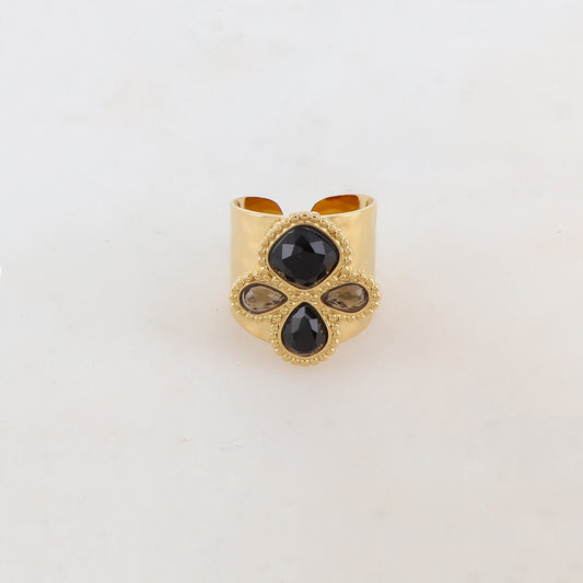 Bague réglable avec 4 pâtes de verres - Noir