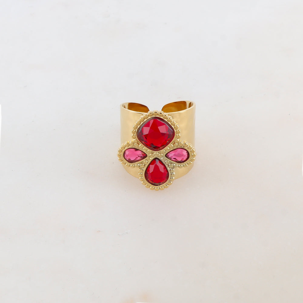 Bague réglable avec 4 pâtes de verres - Rouge