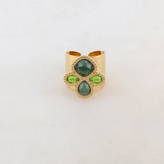 Bague réglable avec 4 pâtes de verres - Vert