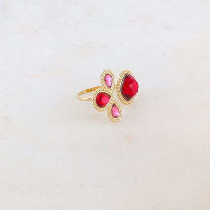 Bague fine réglable avec 4 pâtes de verres - Rouge