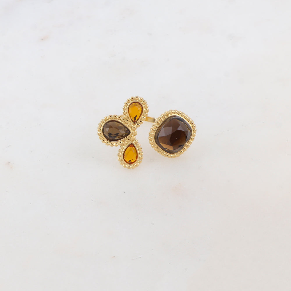 Bague fine réglable avec 4 pâtes de verres - Marron