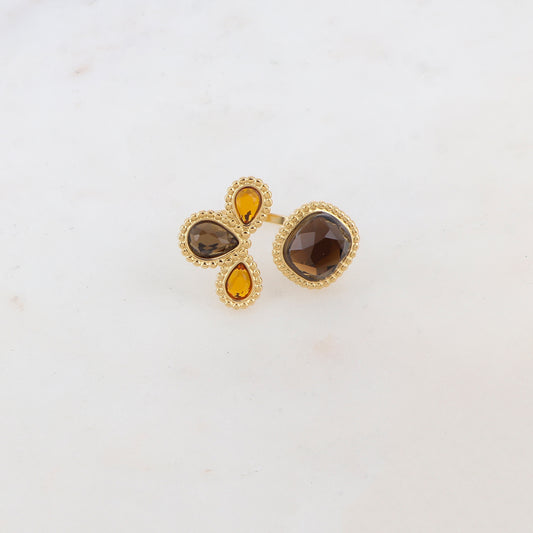 Bague fine réglable avec 4 pâtes de verres - Marron