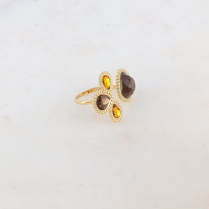 Bague fine réglable avec 4 pâtes de verres - Marron