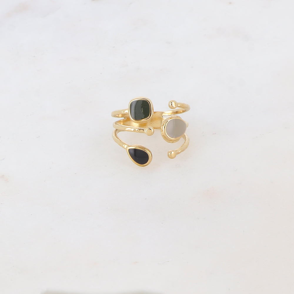 Bague 3 rangs avec 3 pièces géométriques émaillées - Noir et gris