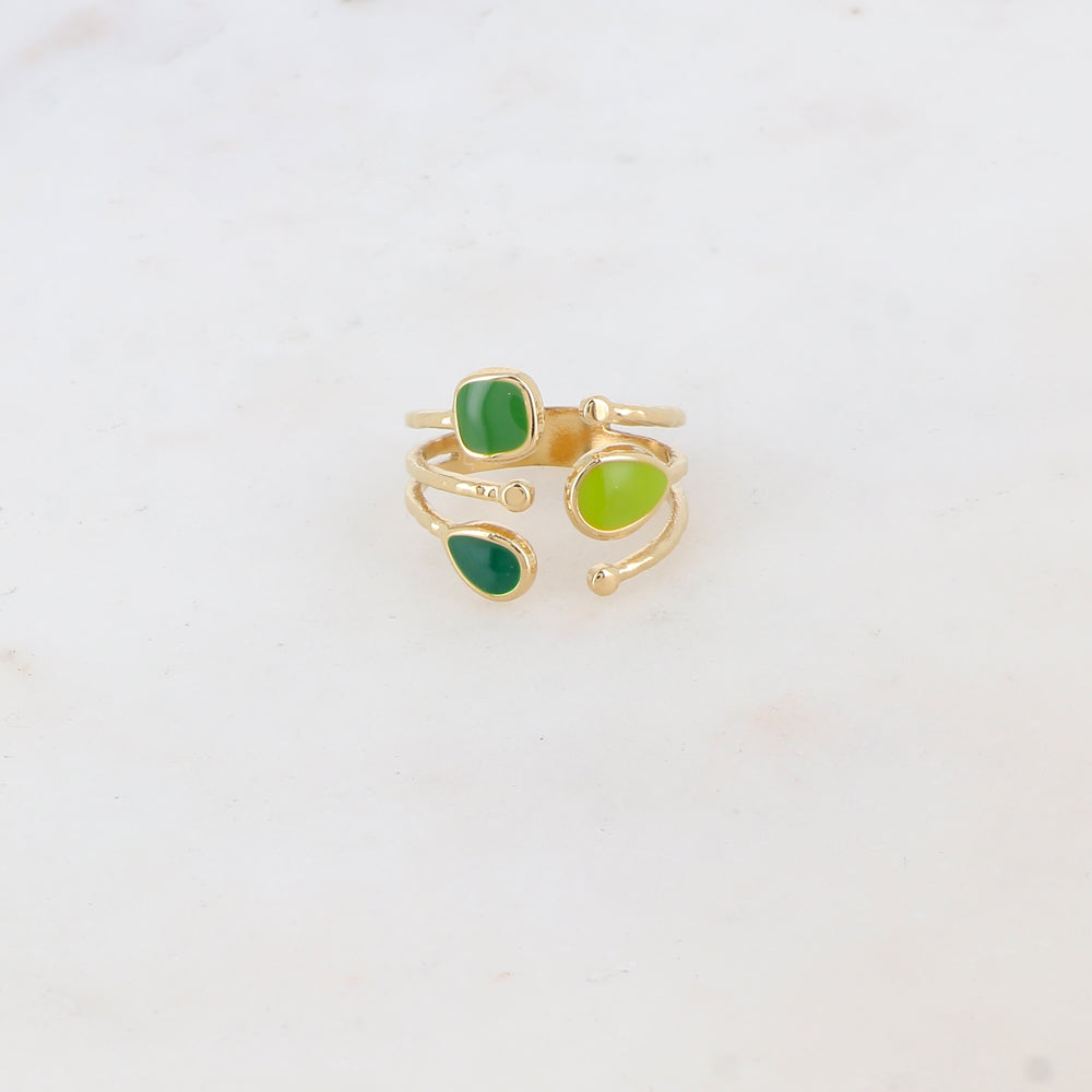 Bague 3 rangs avec 3 pièces géométriques émaillées - Vert