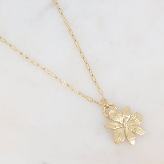 Sautoir avec anneau, pendentif fleur et strass (70+5CM)