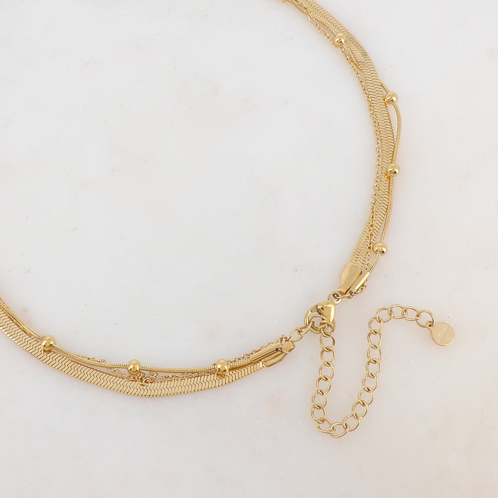 Collier 3 rangs avec maille, petites boules et pendentif feuille (38/44/55+7CM)