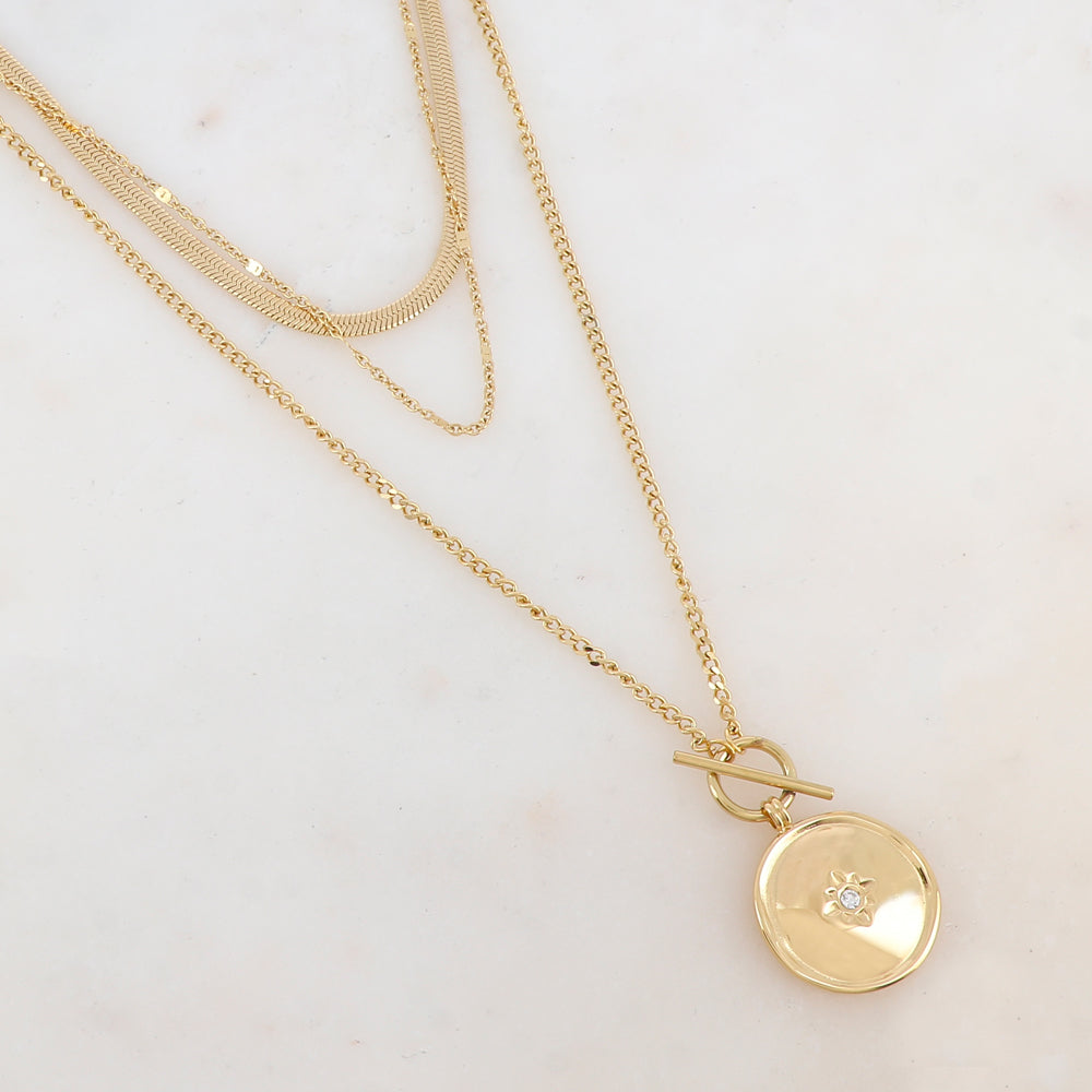 Collier 3 rangs avec maille, anneau style fermoir T, pendentif rond, étoile et strass (38/40/50+7CM)