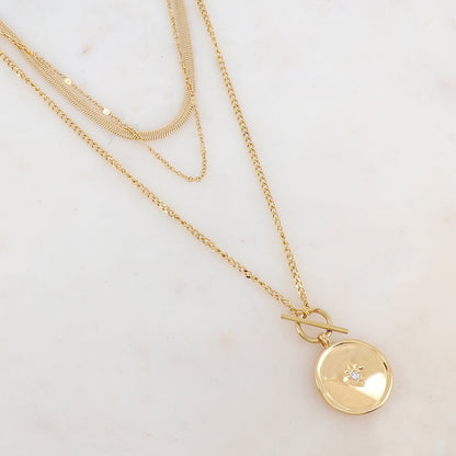 Collier 3 rangs avec maille, anneau style fermoir T, pendentif rond, étoile et strass (38/40/50+7CM)