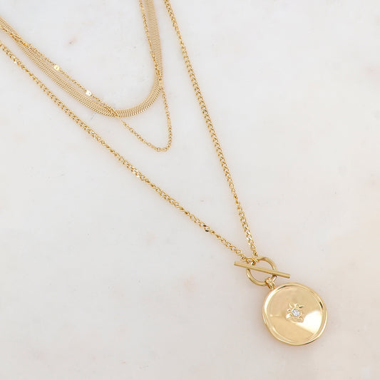 Collier 3 rangs avec maille, anneau style fermoir T, pendentif rond, étoile et strass (38/40/50+7CM)