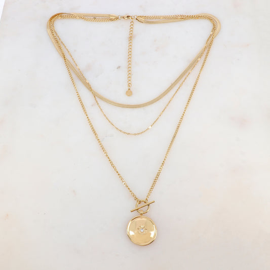 Collier 3 rangs avec maille, anneau style fermoir T, pendentif rond, étoile et strass (38/40/50+7CM)
